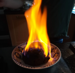 christmas pudding in flames