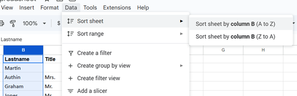 Screenshot showing how to sort a column in a Google Sheet