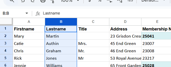 Screenshot showing how to select a column in a Google Sheet