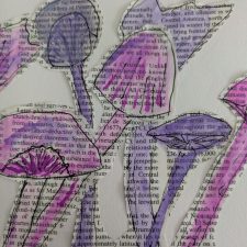 Amethyst Deceiver mushrooms watercoloured on old book pages